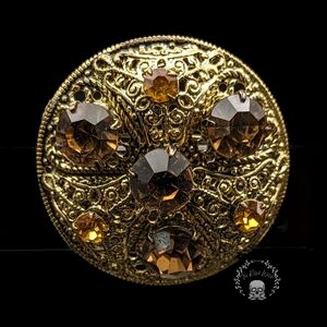 VINTAGE CZECH Domed Brooch with Filigree Metal and Glass Amber Toned Stones